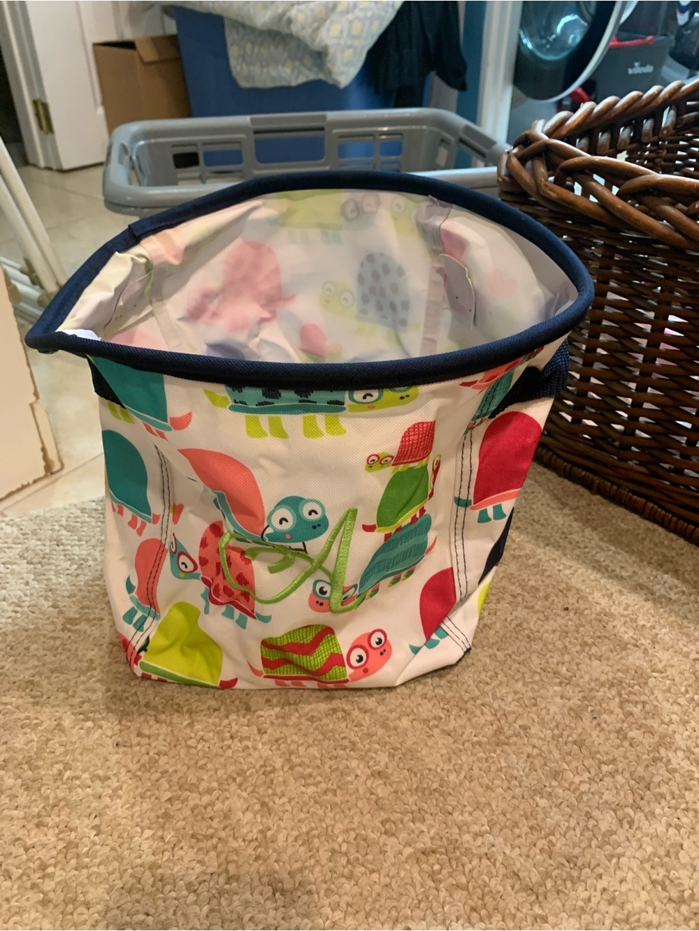 thirty-one Turtle Print Fabric Storage Basket with Navy Trim Letter A on it